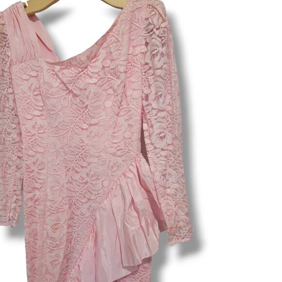 Vintage Roberta California women's pink lace lined ruffle trim bodycon dress - Picture 5 of 15